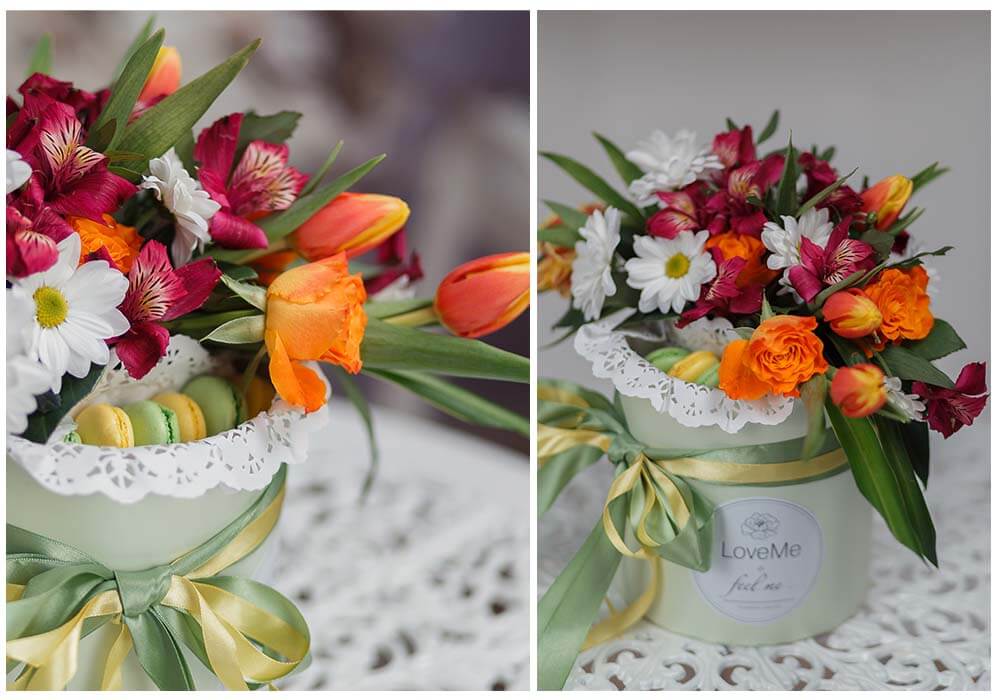 Цветы в шляпной коробке с макарунами сладостями вином под заказ цветы под заказ могилев свадебное агентство ЛавМи 