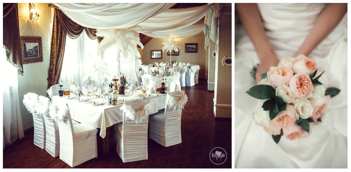 Французская парижская белая свадьба париж декор банкетного зала ресторана украшение организация свадьбы свадебное агентство ЛавМи Могилев 