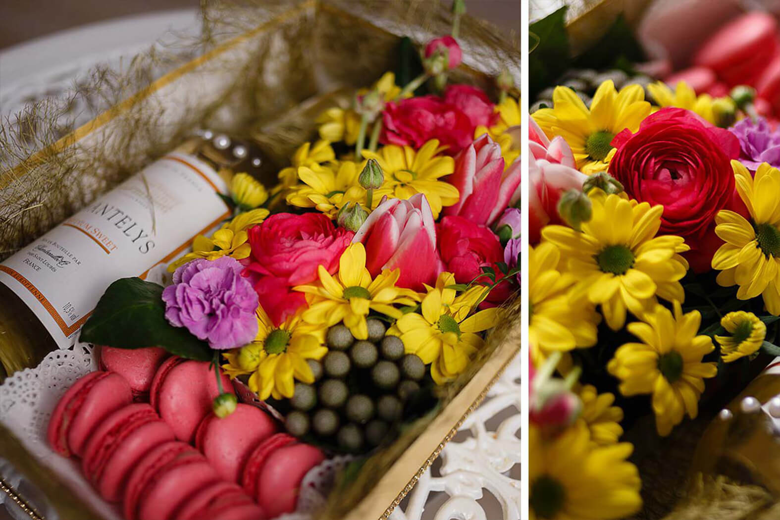 Цветы в шляпной коробке с макарунами сладостями вином под заказ цветы под заказ могилев свадебное агентство ЛавМи 