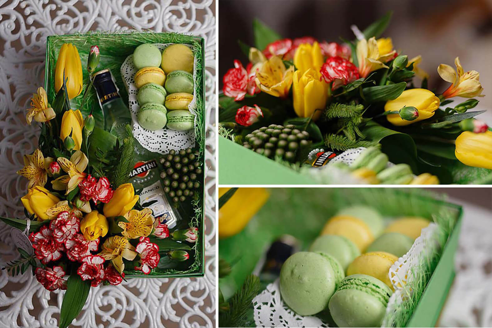 Цветы в шляпной коробке с макарунами сладостями вином под заказ цветы под заказ могилев свадебное агентство ЛавМи 