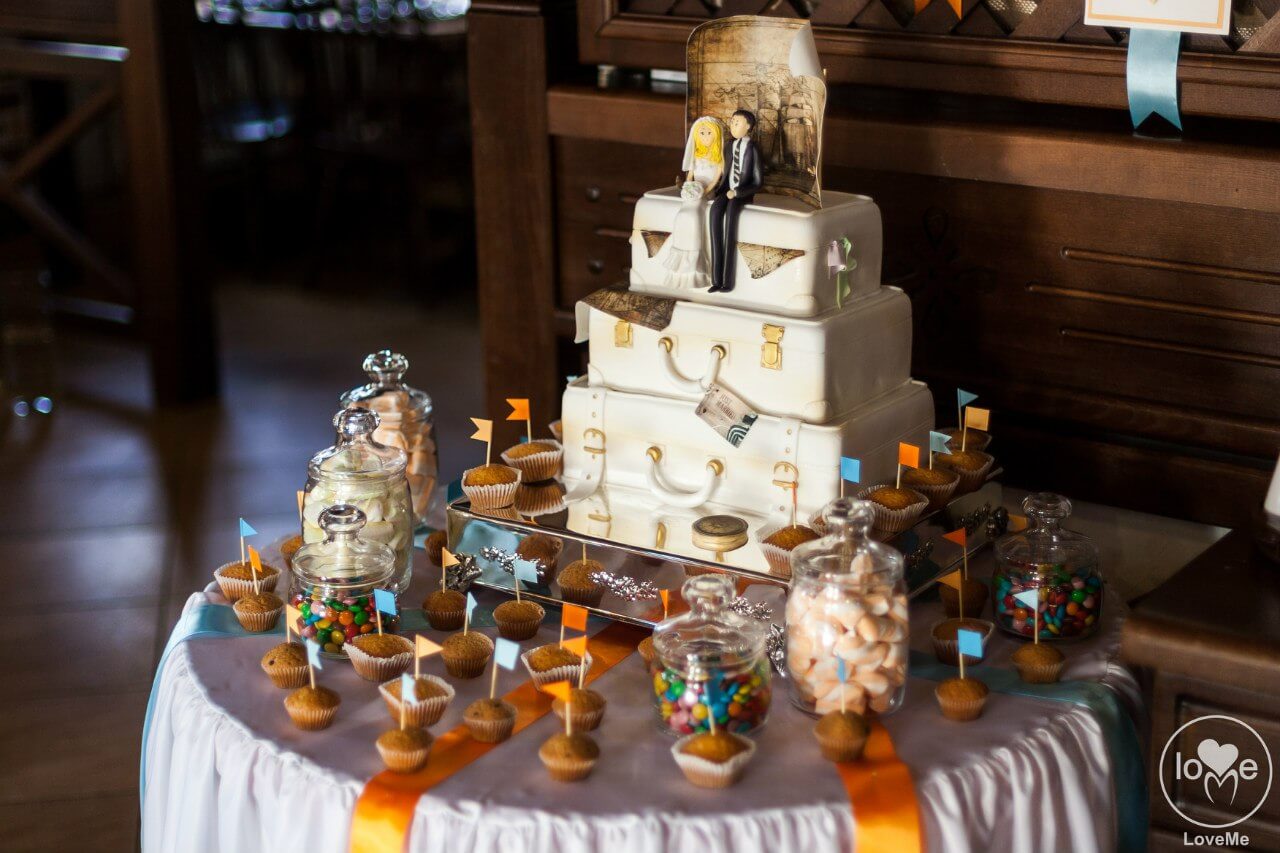 свадебный торт в виде чемодана с фигурками Свадьба в стиле путешествия Шале Могилев Организация свадьбы декор украшение зала свадебное агентство ЛавМи 