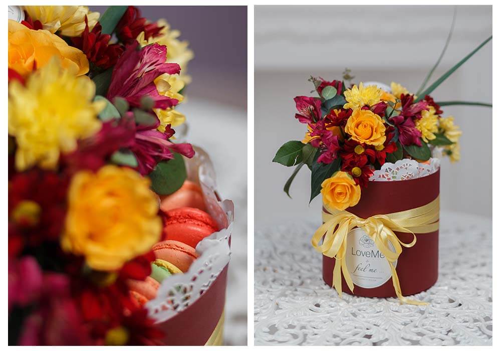 Цветы в шляпной коробке с макарунами сладостями вином под заказ цветы под заказ могилев свадебное агентство ЛавМи 