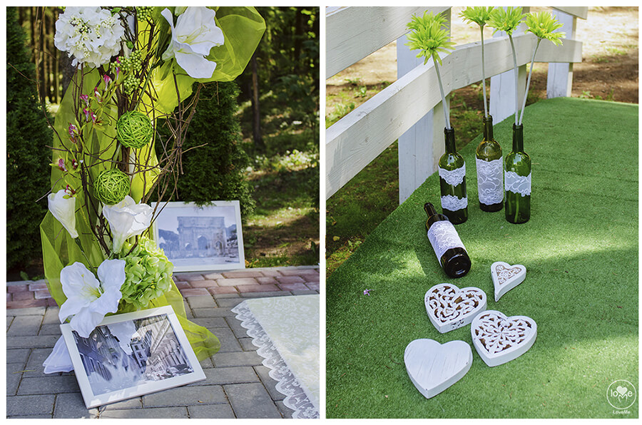 винные бутылки с кружевом рамки итальянская зеленая салатовая свадьба выездная регистрация церемония роспись в шатре у куркуля могилев свадебное агентство ЛавМи декор украшение шатра организация 